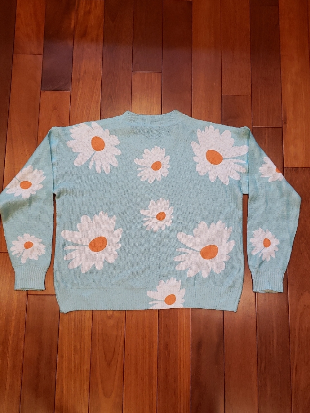SHEIN Sky Blue Daisy Crewneck Sweater with White & Orange Floral Accents - Picture 7 of 8